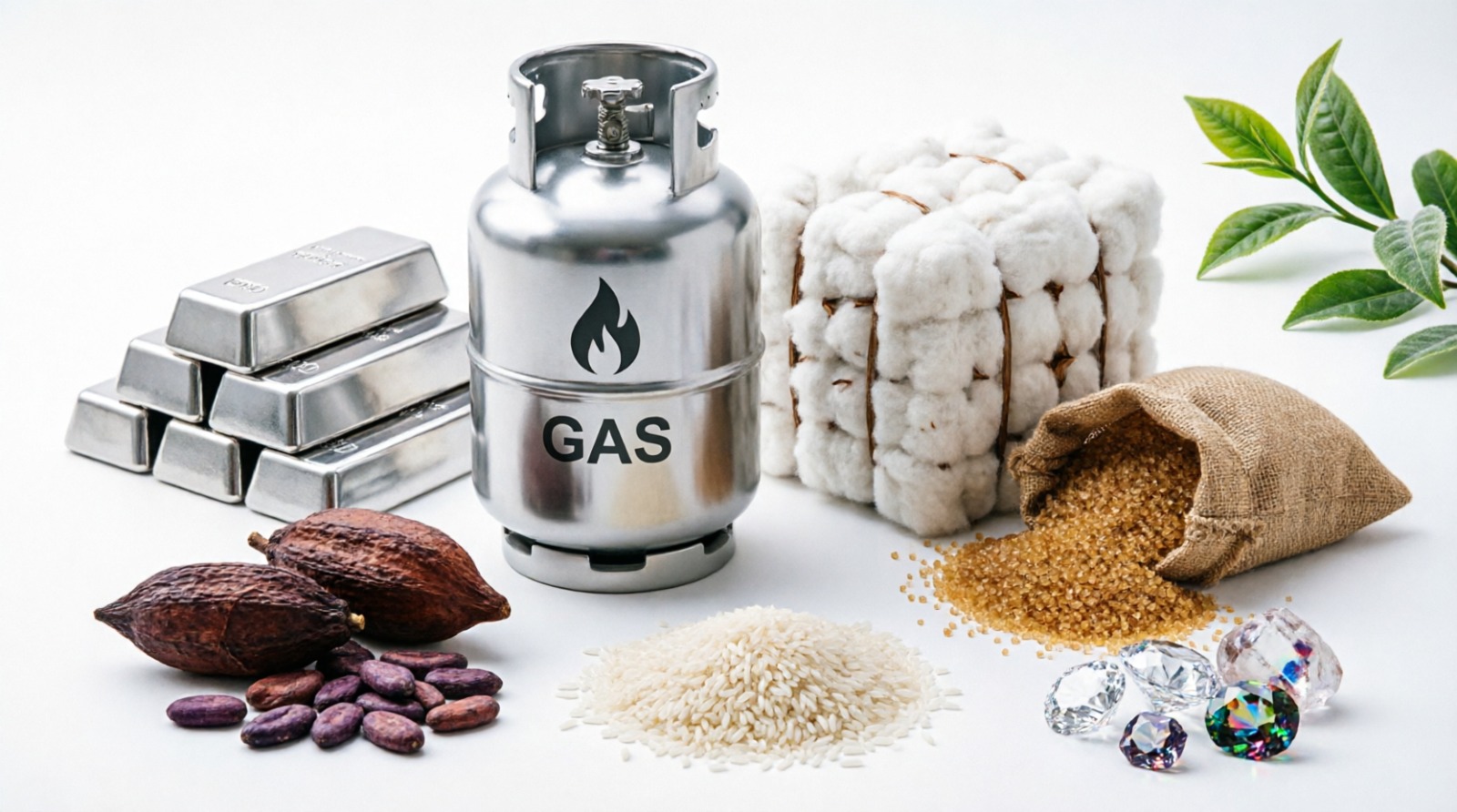 Matières premières : gaz, métaux, coton, cacao, riz, sucre et pierres précieuses